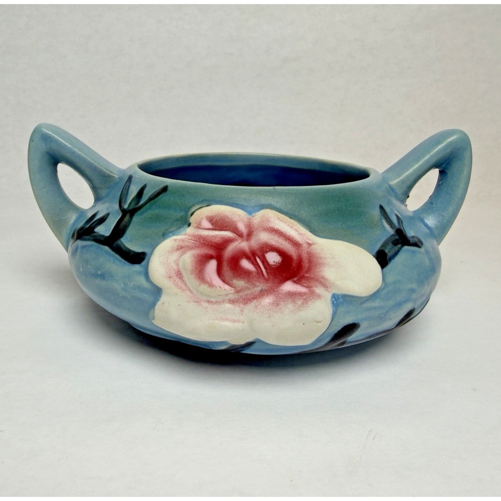 Roseville Pottery Magnolia Open Sugar Bowl w/ Handles 2" tall 5.5" wide Blue